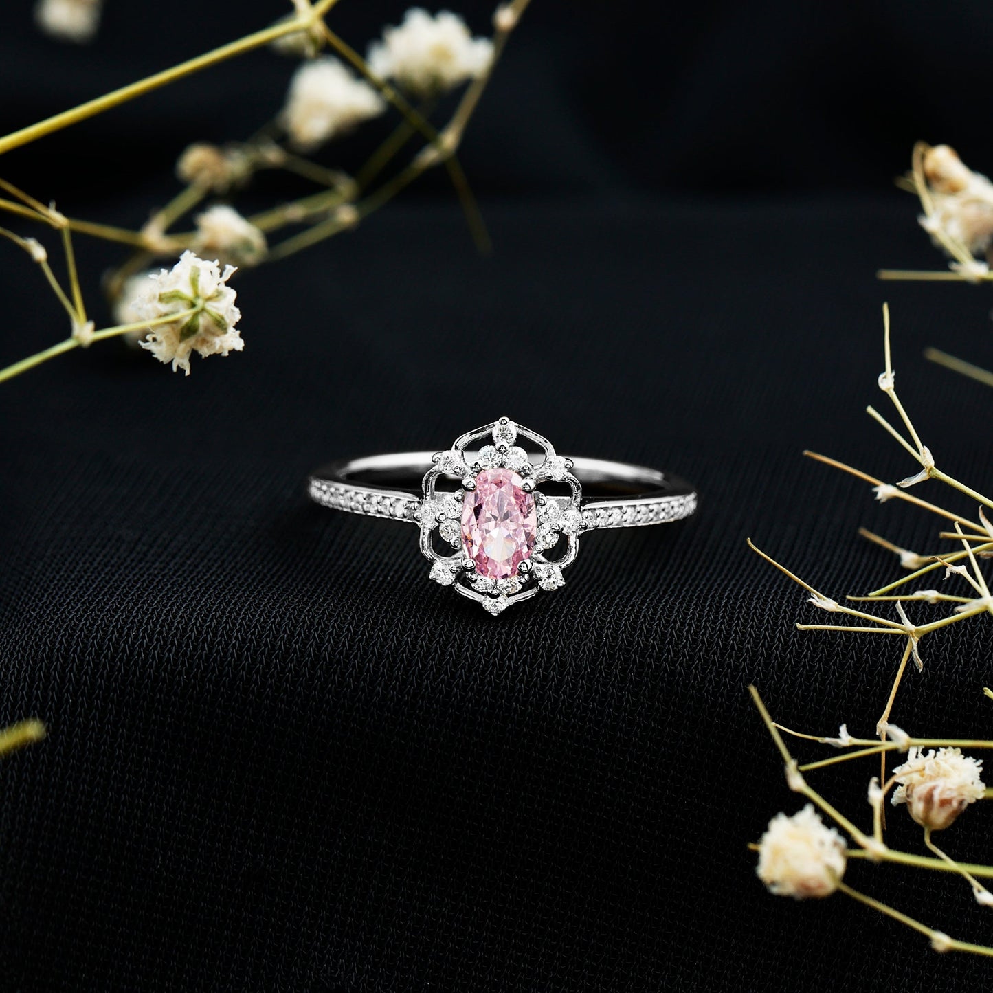 Natural Pink Sapphire Diamond Vintage Engagement Ring in Silver