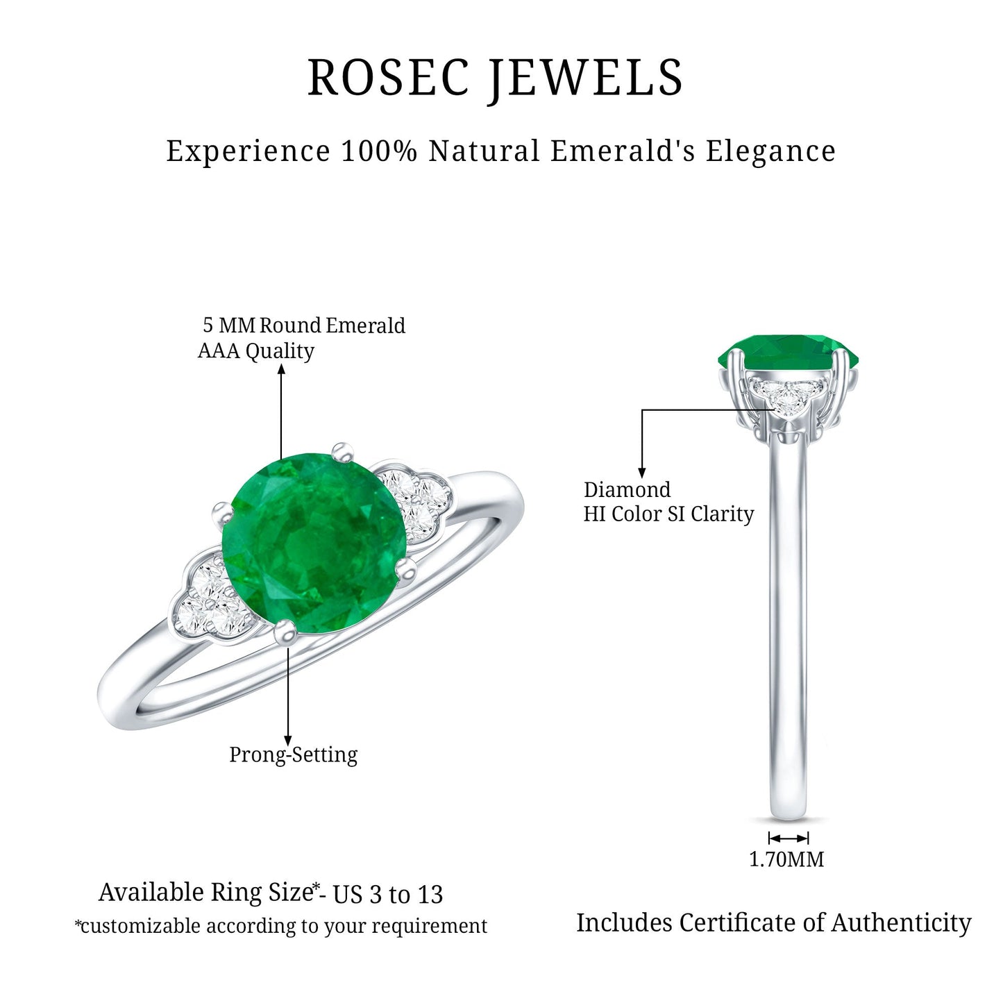Natural Solitaire Emerald Engagement Ring with Diamond Trio