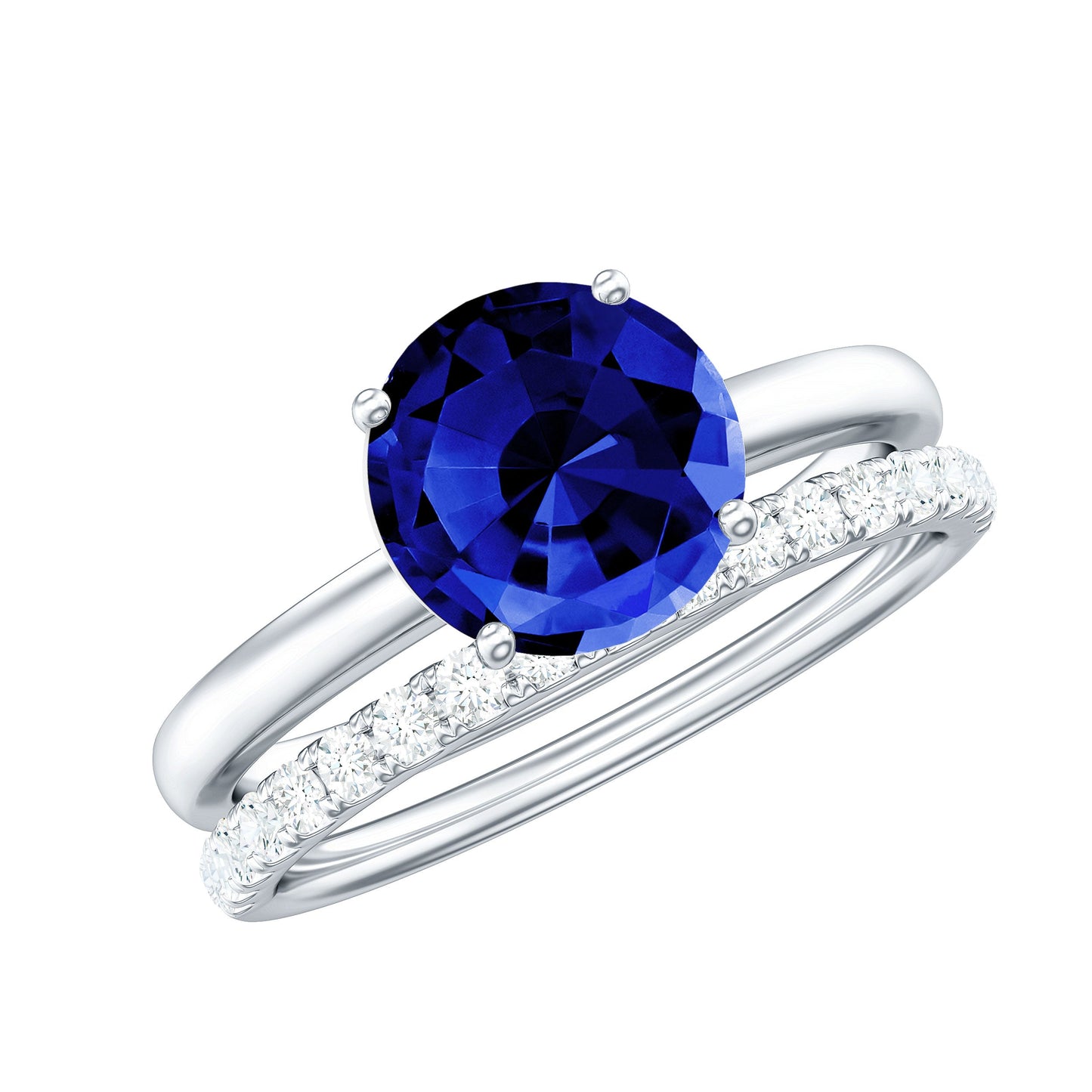 2.7 Carat Round Shape Lab Created Blue Sapphire Solitaire Wedding Ring Set with Diamond Band