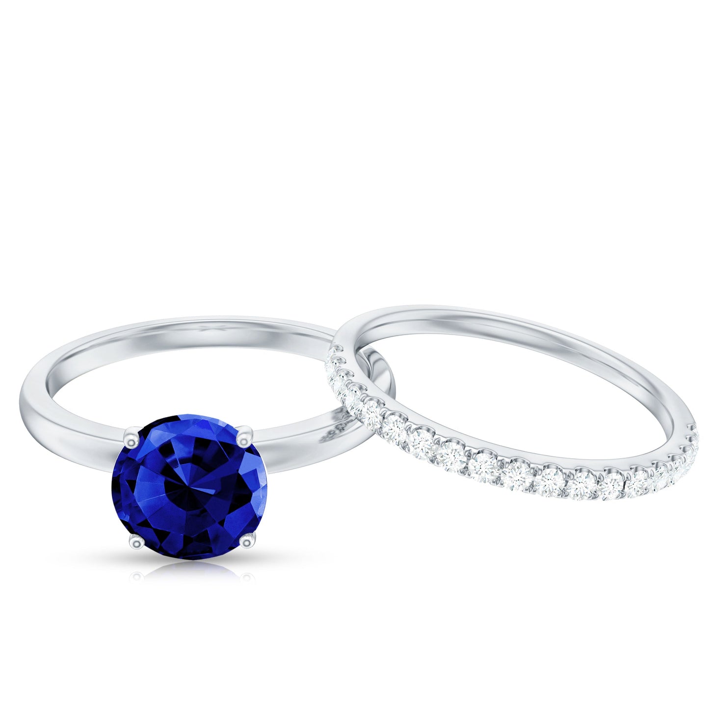 2.7 Carat Round Shape Lab Created Blue Sapphire Solitaire Wedding Ring Set with Diamond Band