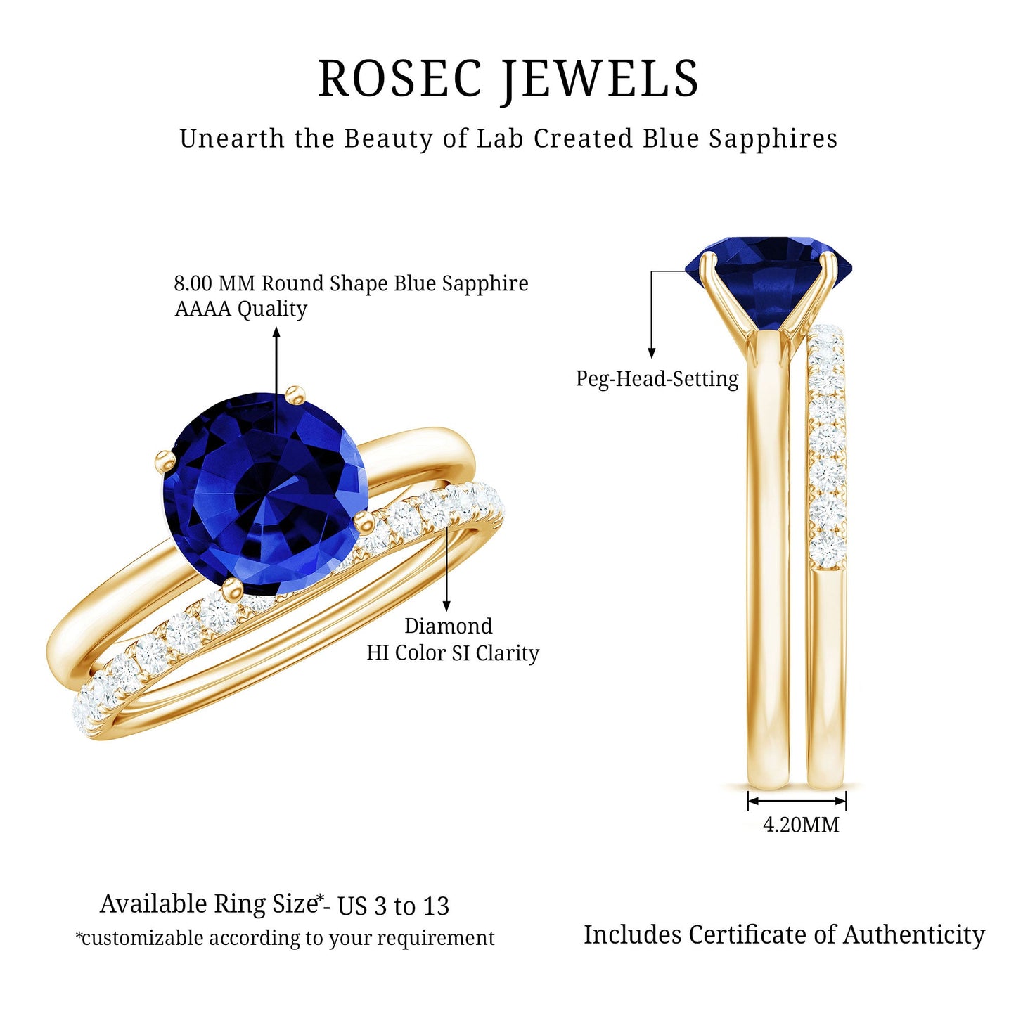 2.7 Carat Round Shape Lab Created Blue Sapphire Solitaire Wedding Ring Set with Diamond Band