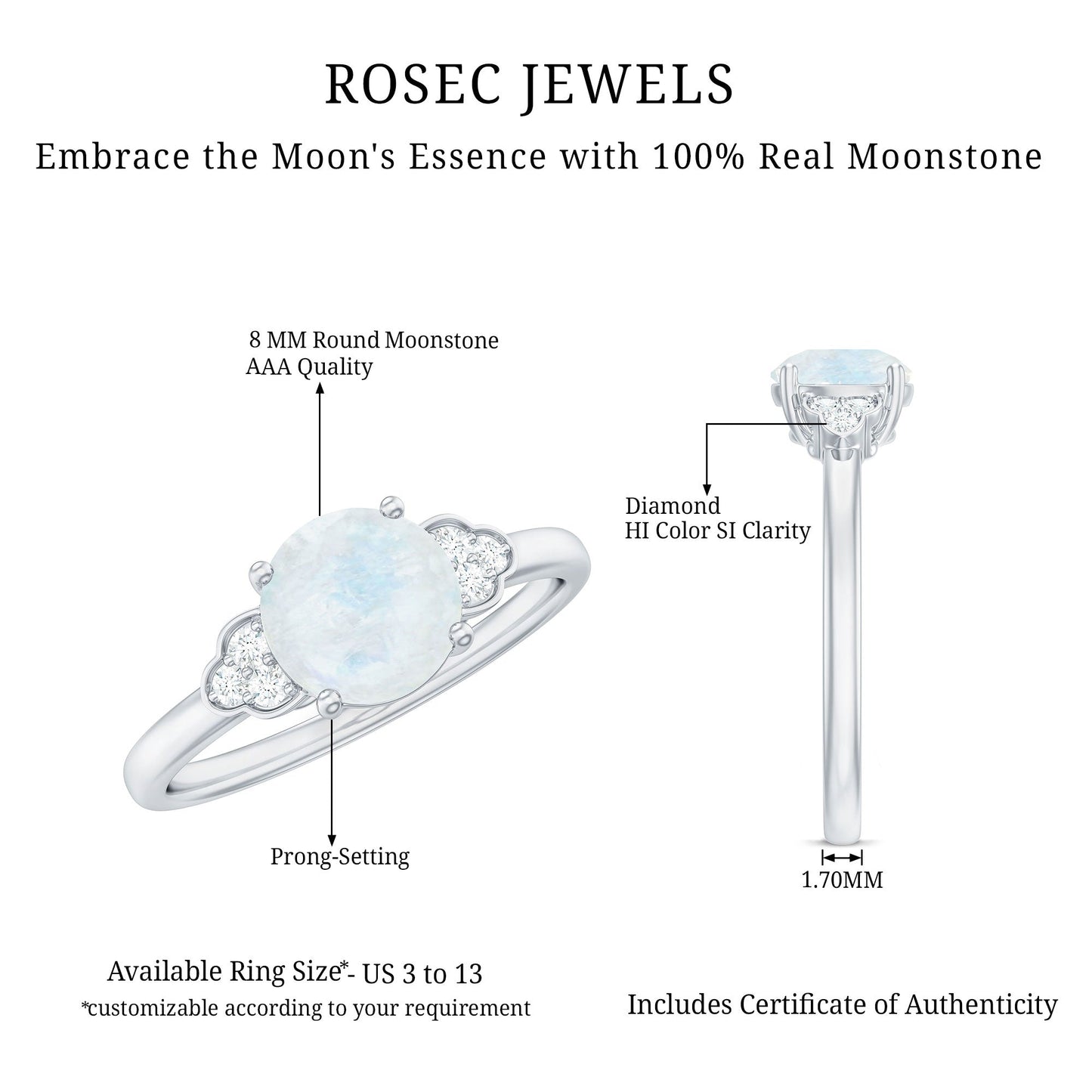 0.8 Carat Moonstone Solitaire Engagement Ring with Diamond Trio