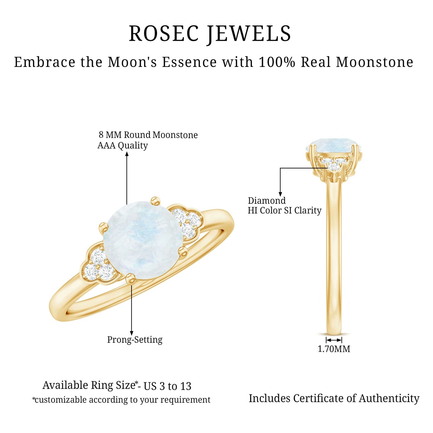 0.8 Carat Moonstone Solitaire Engagement Ring with Diamond Trio