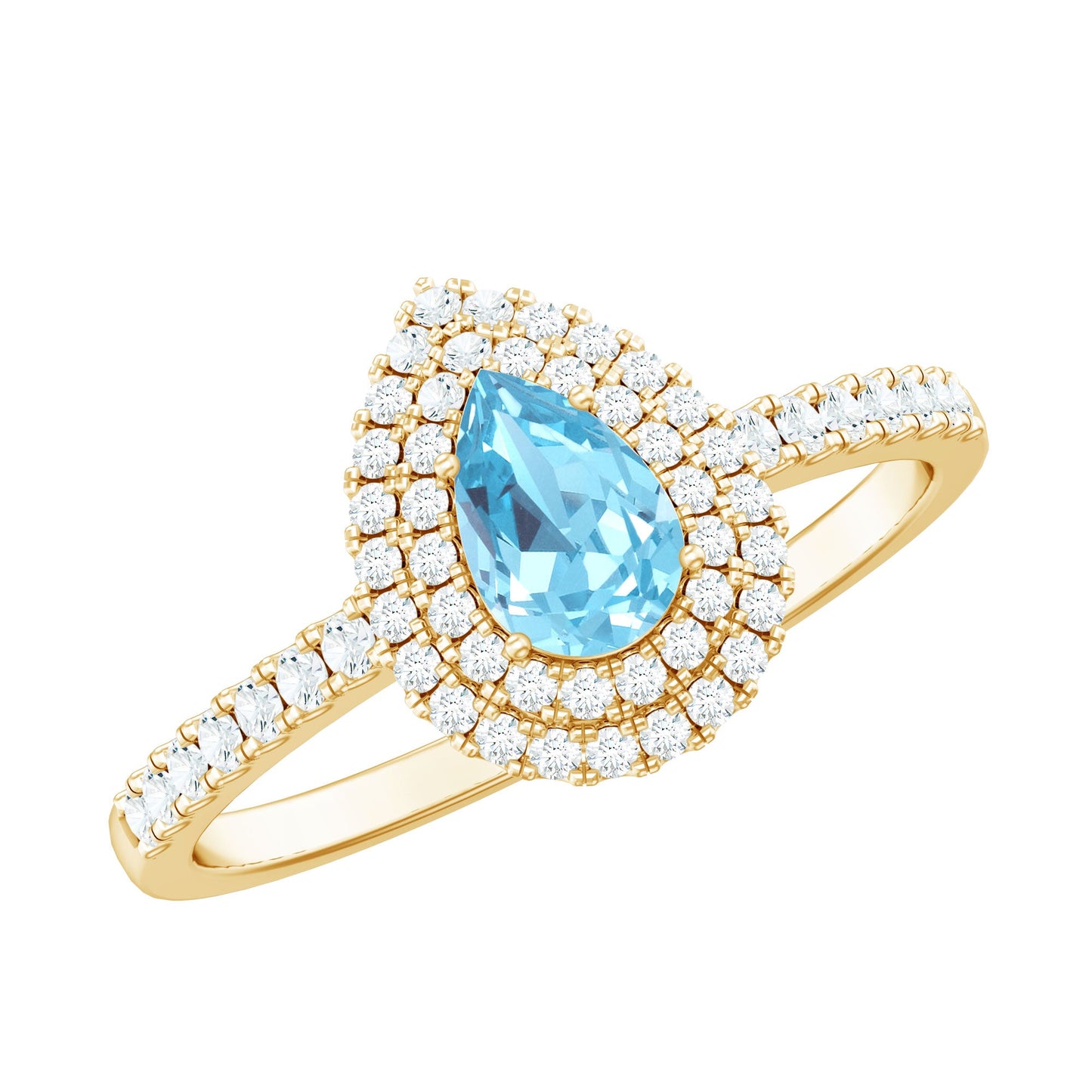 Classic Aquamarine and Diamond Teardrop Engagement Ring with Double Halo