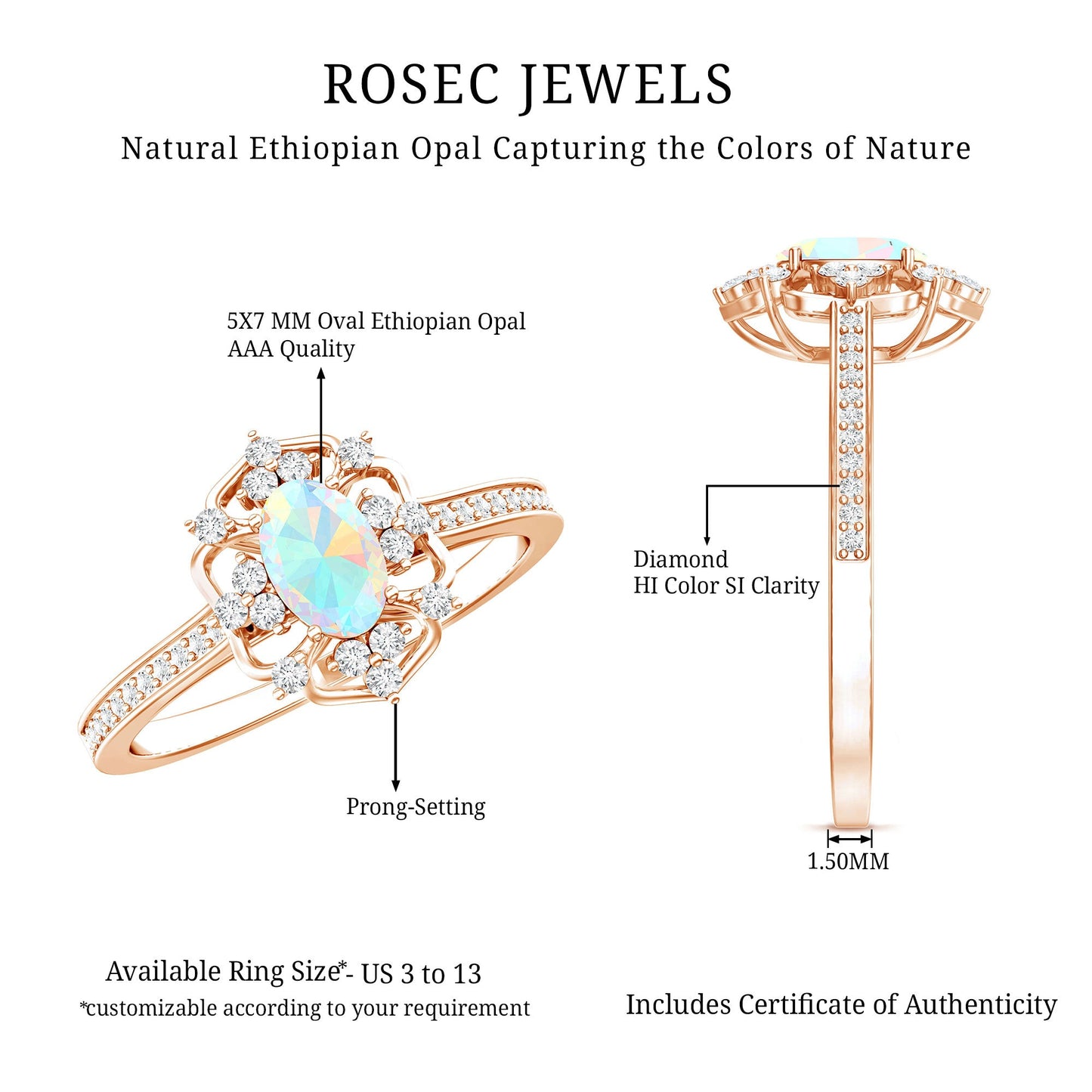 Natural Oval Ethiopian Rainbow Opal Vintage Looking Engagement Ring with Diamond