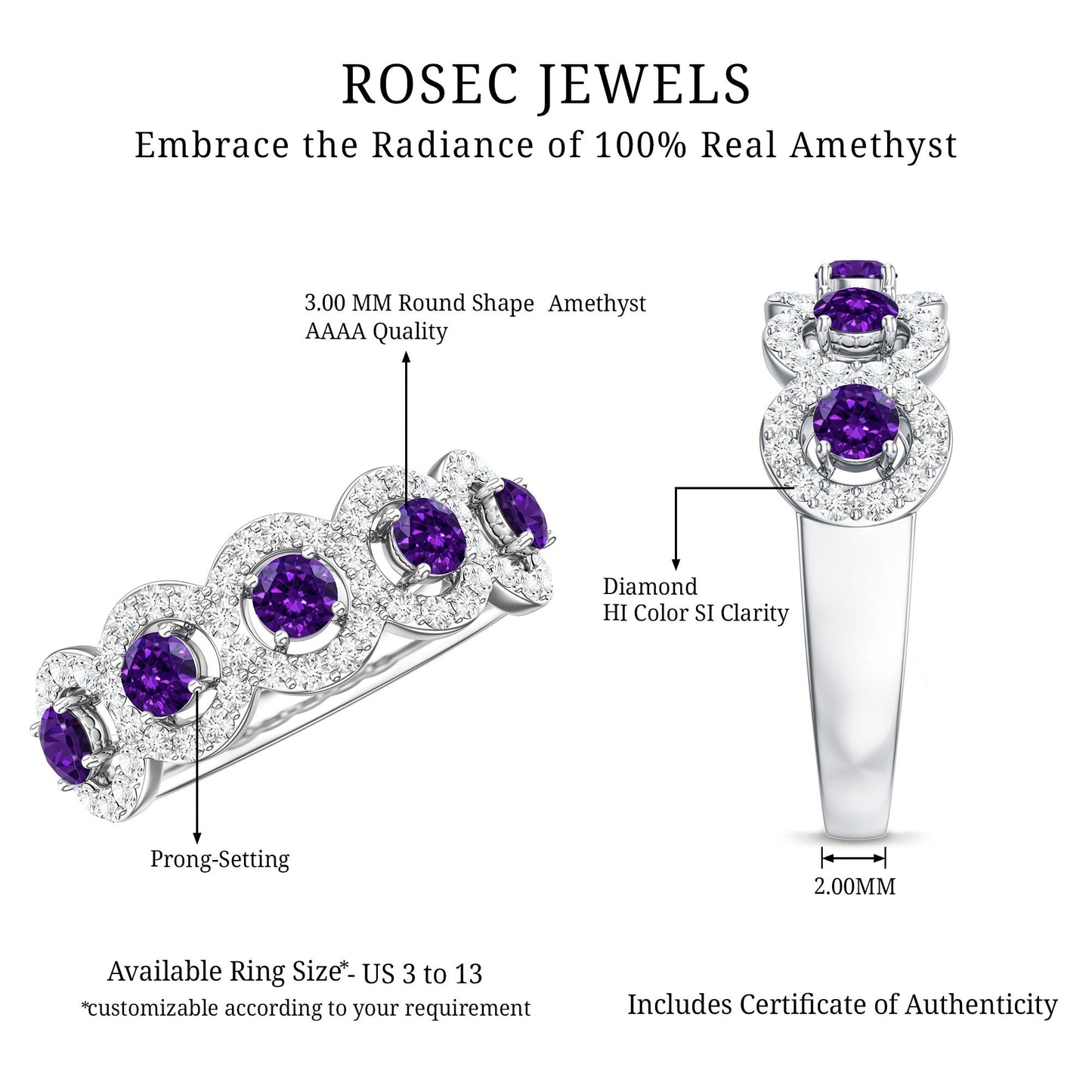 Natural Amethyst Diamond Half Eternity Band Ring for Women
