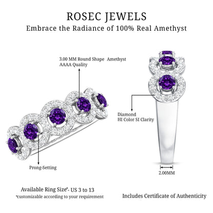 Natural Amethyst Diamond Half Eternity Band Ring for Women