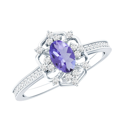 Vintage Looking Tanzanite and Diamond Oval Engagement Ring