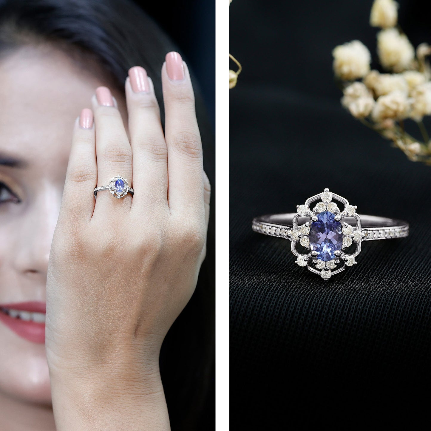 Vintage Looking Tanzanite and Diamond Oval Engagement Ring