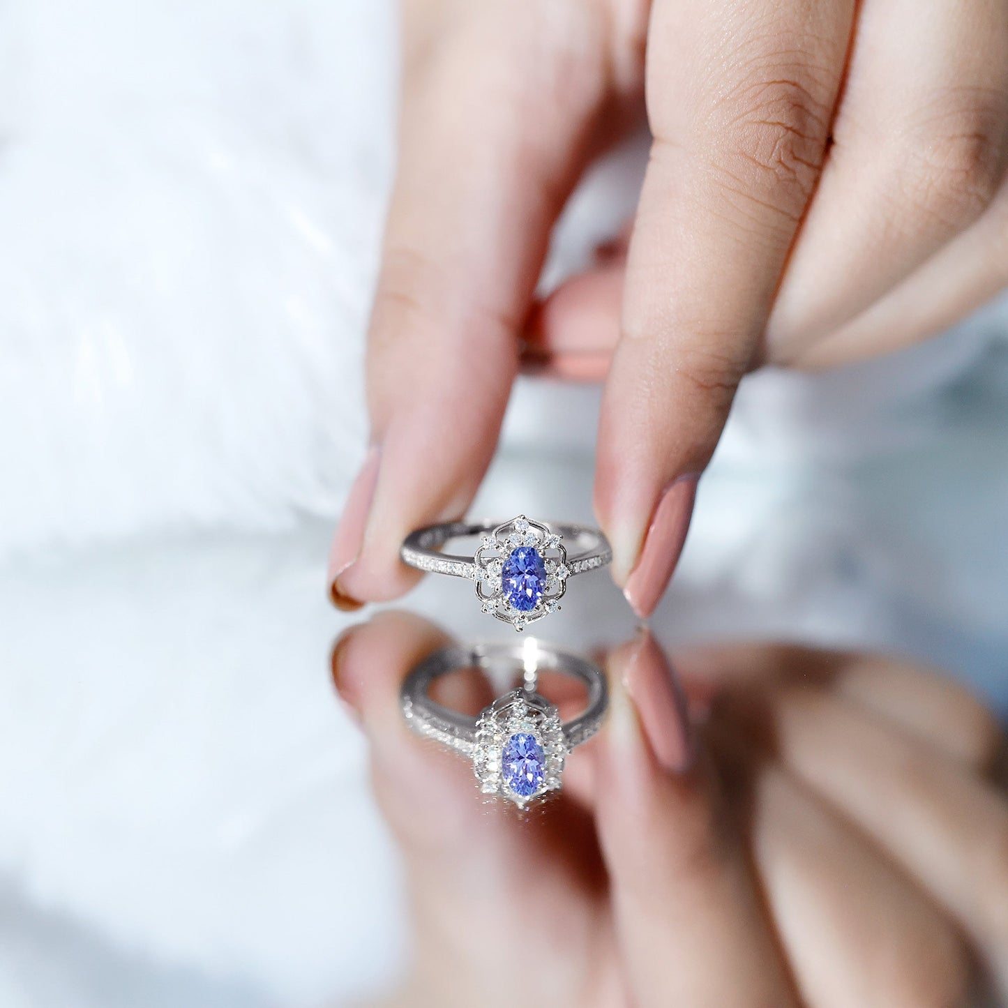 Vintage Looking Tanzanite and Diamond Oval Engagement Ring