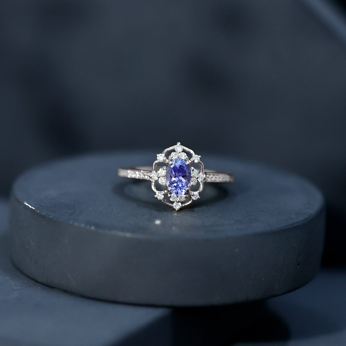 Vintage Looking Tanzanite and Diamond Oval Engagement Ring