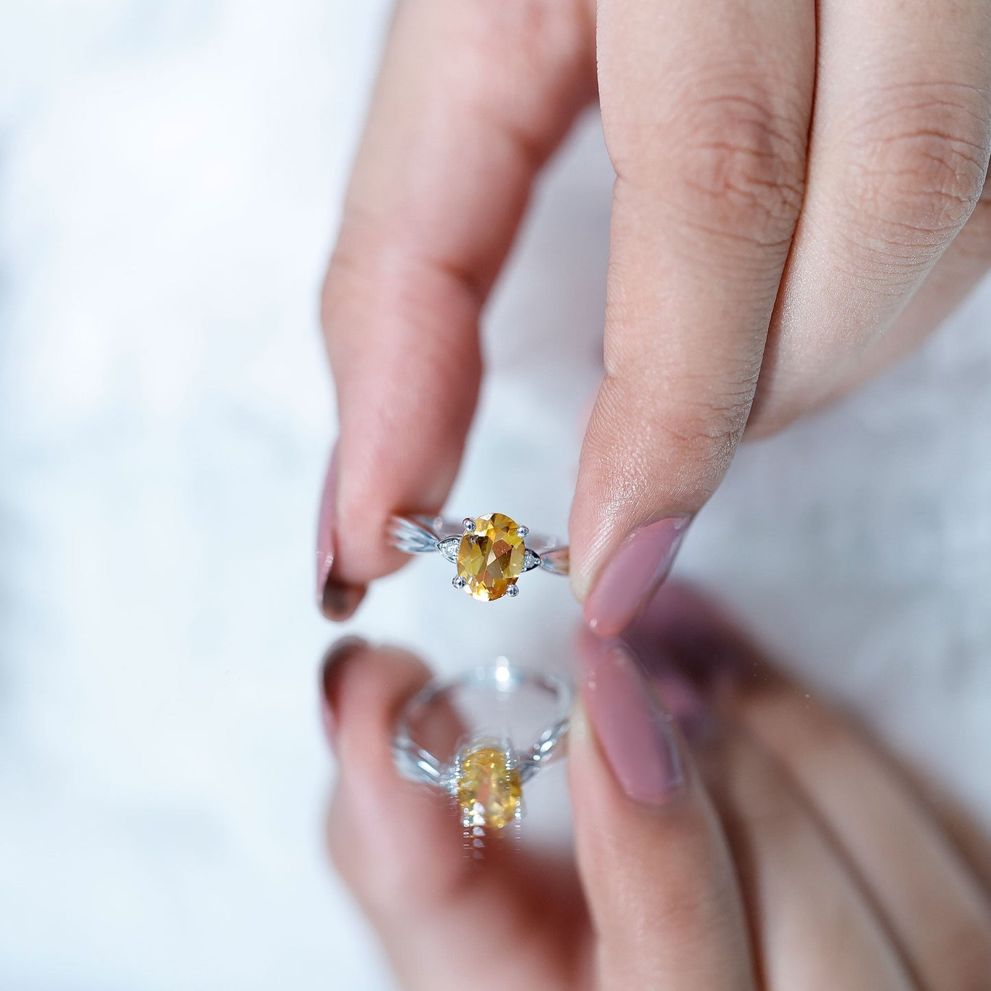 1 Carat Oval Cut Citrine Solitaire Engagement Ring with Diamond