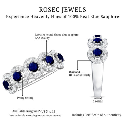 Classic Blue Sapphire Half Eternity Anniversary Ring with Diamond
