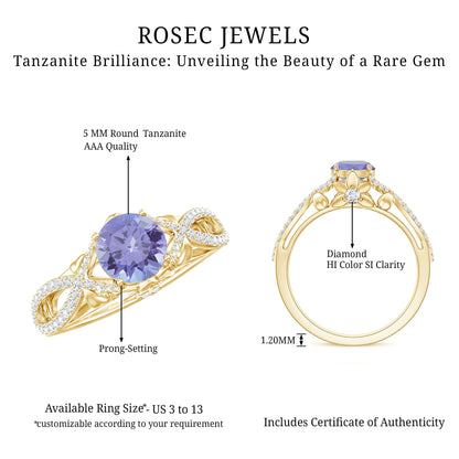 Designer Tanzanite Engagement Ring with Diamond Crossover Shank