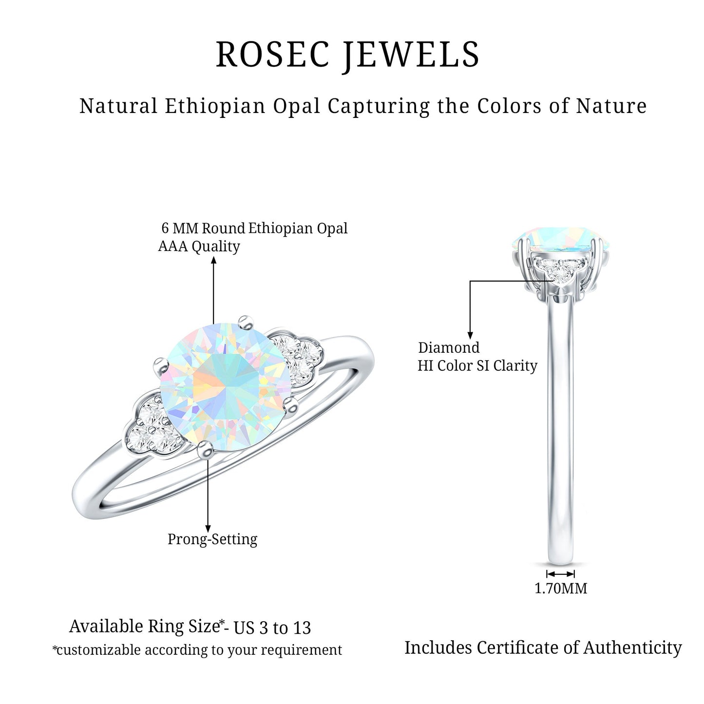Natural Ethiopian Opal Engagement Ring with Diamond Trio