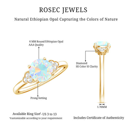 Natural Ethiopian Opal Engagement Ring with Diamond Trio