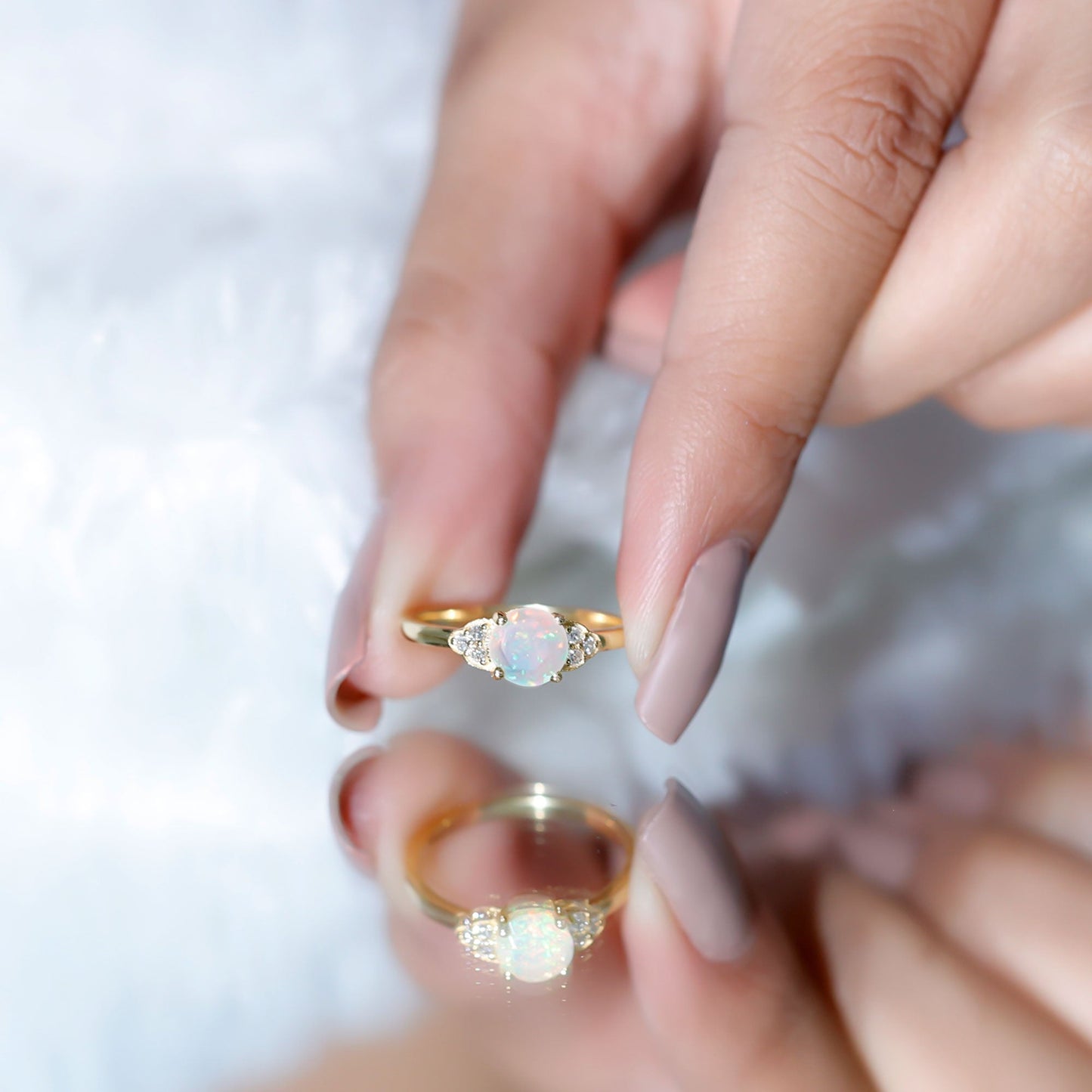 Natural Ethiopian Opal Engagement Ring with Diamond Trio