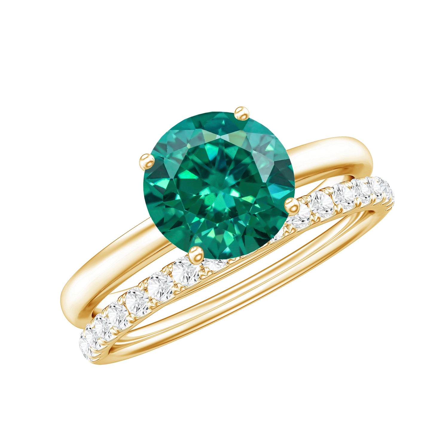 Certified Solitaire Lab Grown Emerald Engagement Ring with Diamond Wedding Band
