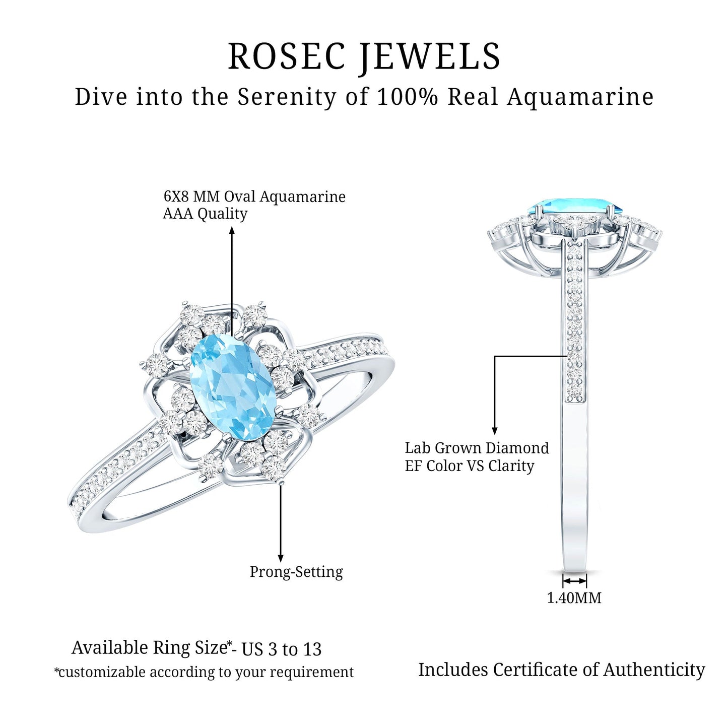 Vintage Style Aquamarine and Diamond Engagement Ring in Gold Plated Silver