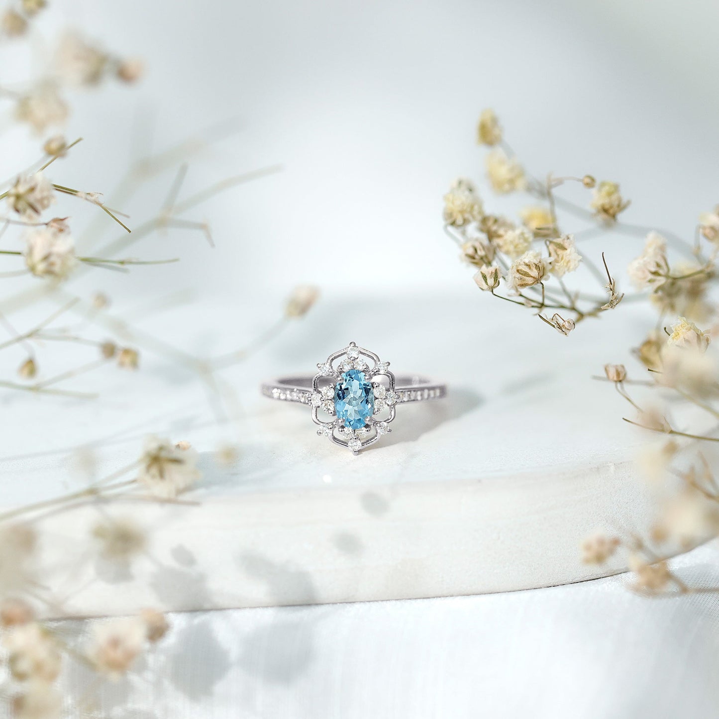 Vintage Style Aquamarine and Diamond Engagement Ring in Gold Plated Silver