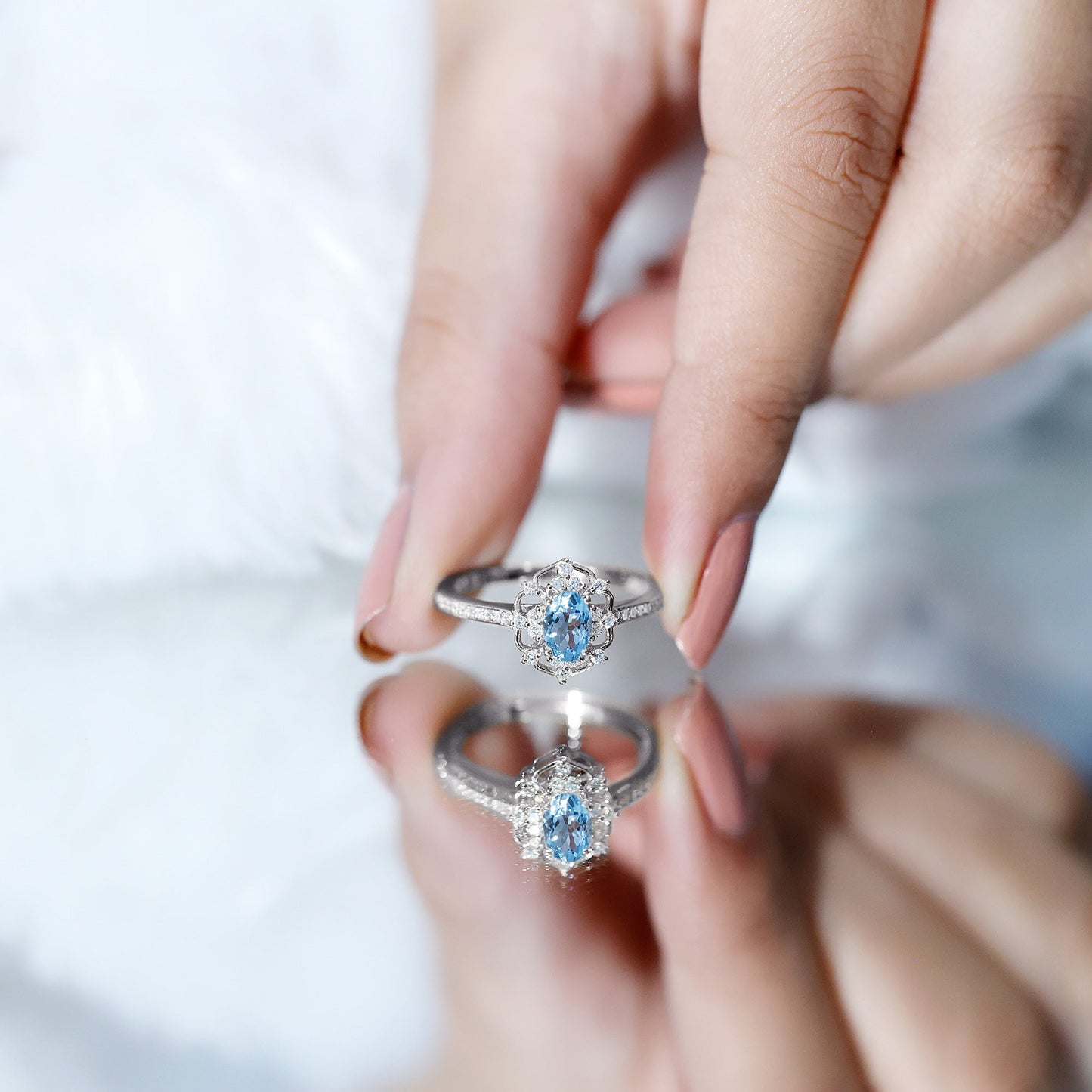 Vintage Style Aquamarine and Diamond Engagement Ring in Gold Plated Silver
