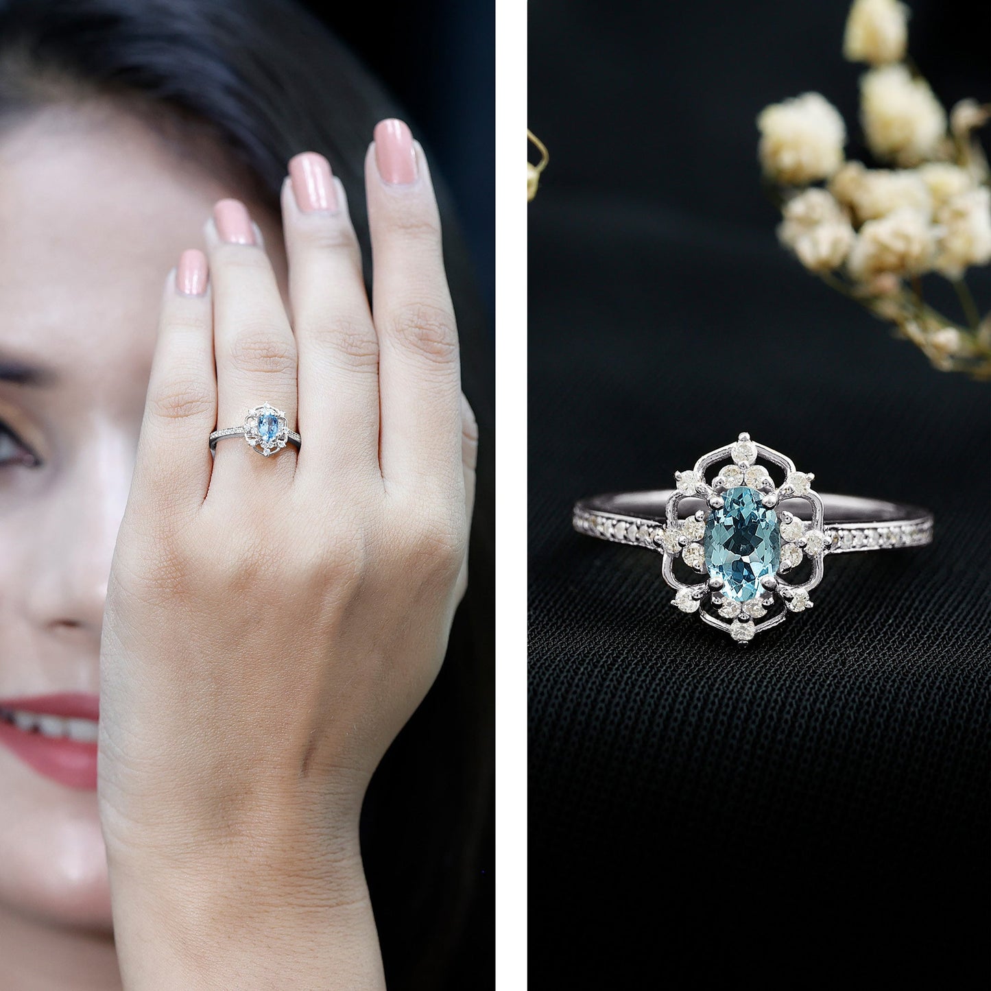 Vintage Style Aquamarine and Diamond Engagement Ring in Gold Plated Silver