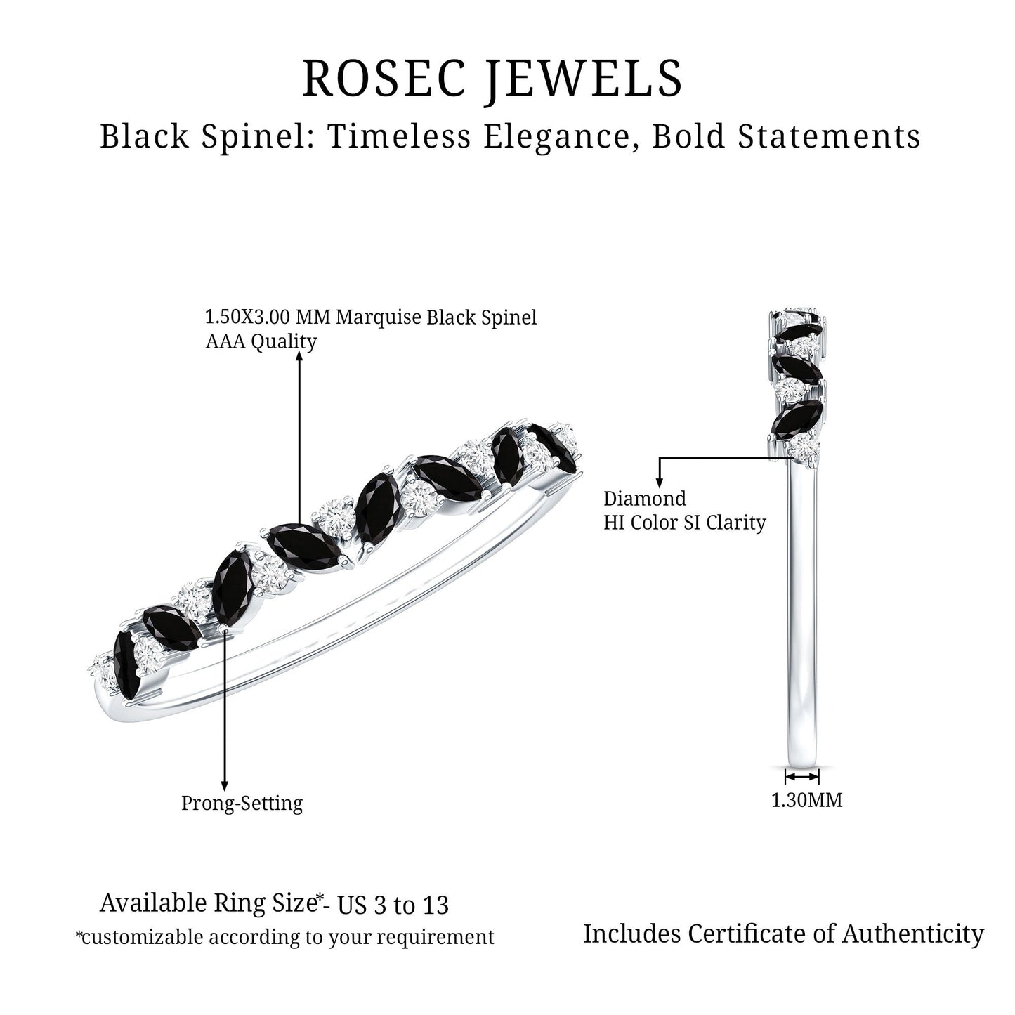 Natural Marquise Black Spinel Diamond Half Eternity Ring