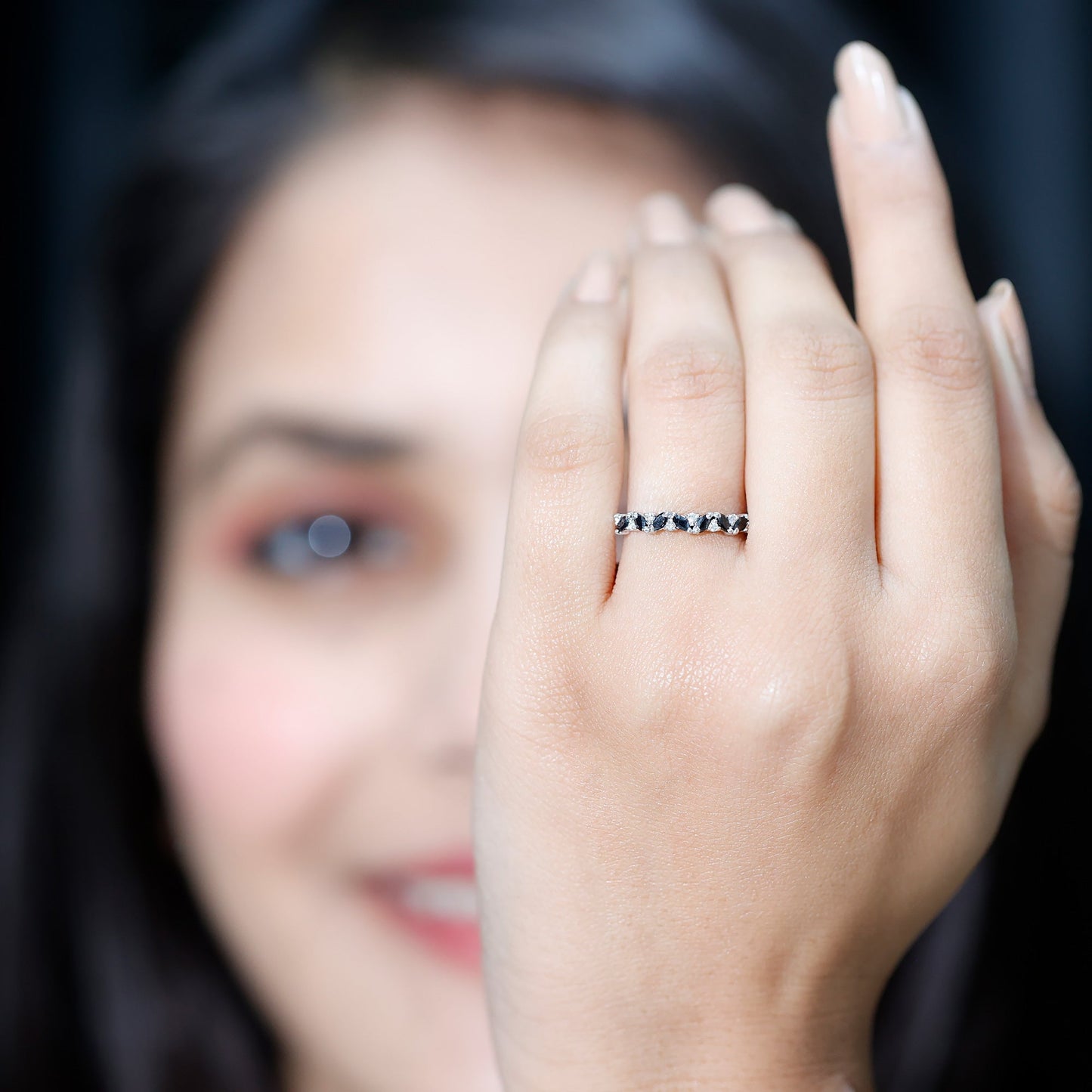 Minimalist Black Onyx and Diamond Half Eternity Ring