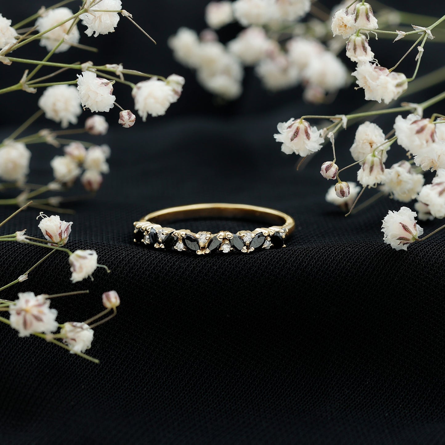 Minimalist Black Onyx and Diamond Half Eternity Ring