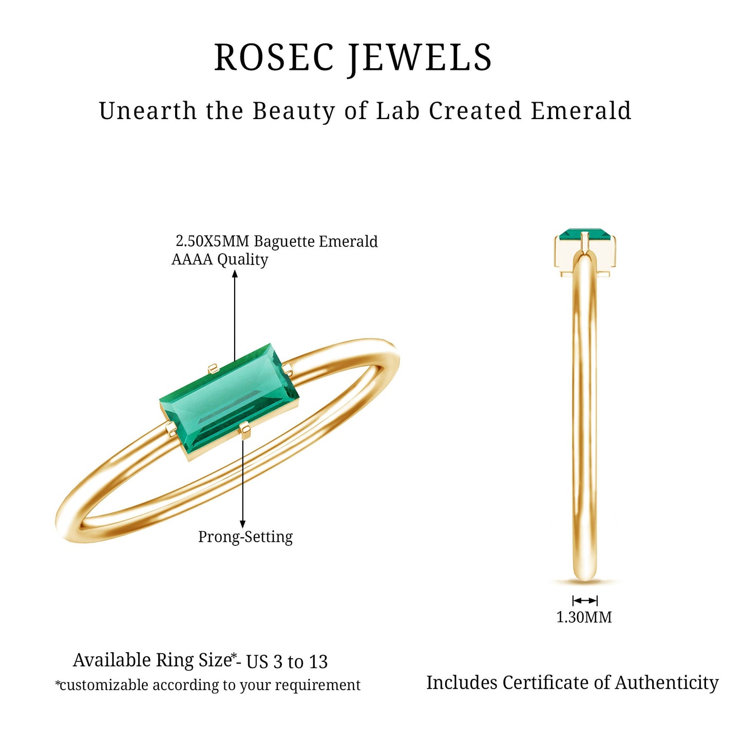 Baguette Cut Lab Emerald Solitaire Promise Ring in East West Style