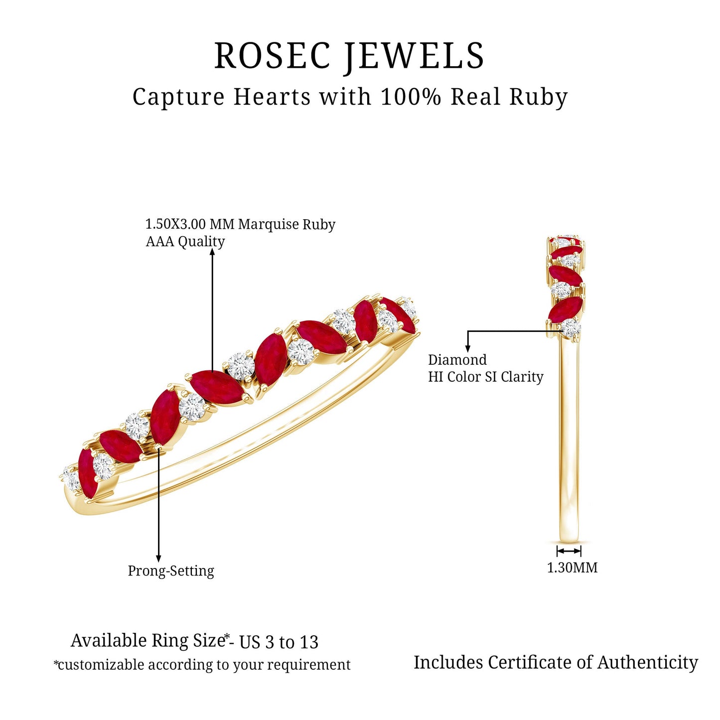 Natural Marquise Ruby Half Eternity Ring with Diamond