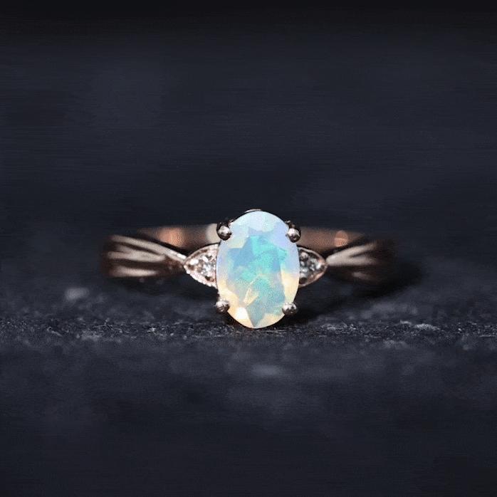 Natural Solitaire Ethiopian Opal Diamond Oval Engagement Ring With Pinched Shank