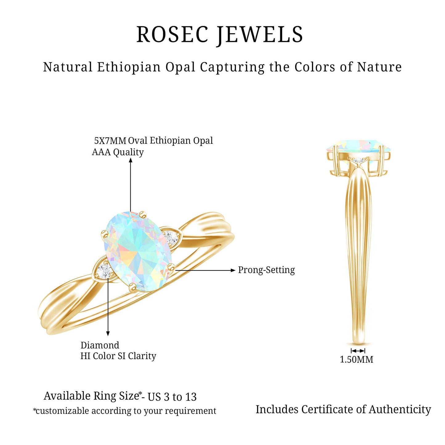 Natural Solitaire Ethiopian Opal Diamond Oval Engagement Ring With Pinched Shank