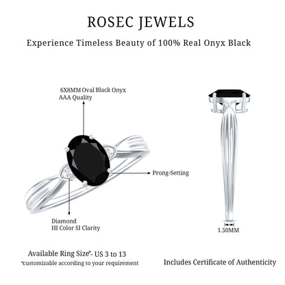 Solitaire Black Onyx Oval Engagement Ring with Diamond