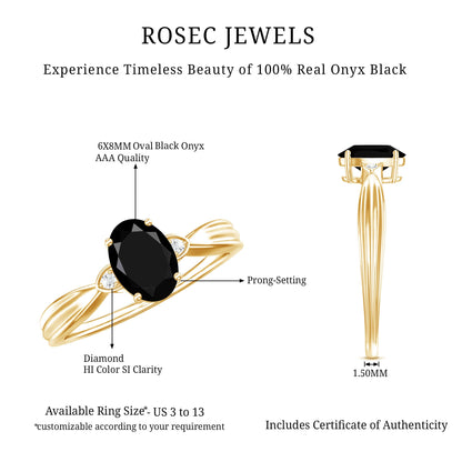 Solitaire Black Onyx Oval Engagement Ring with Diamond