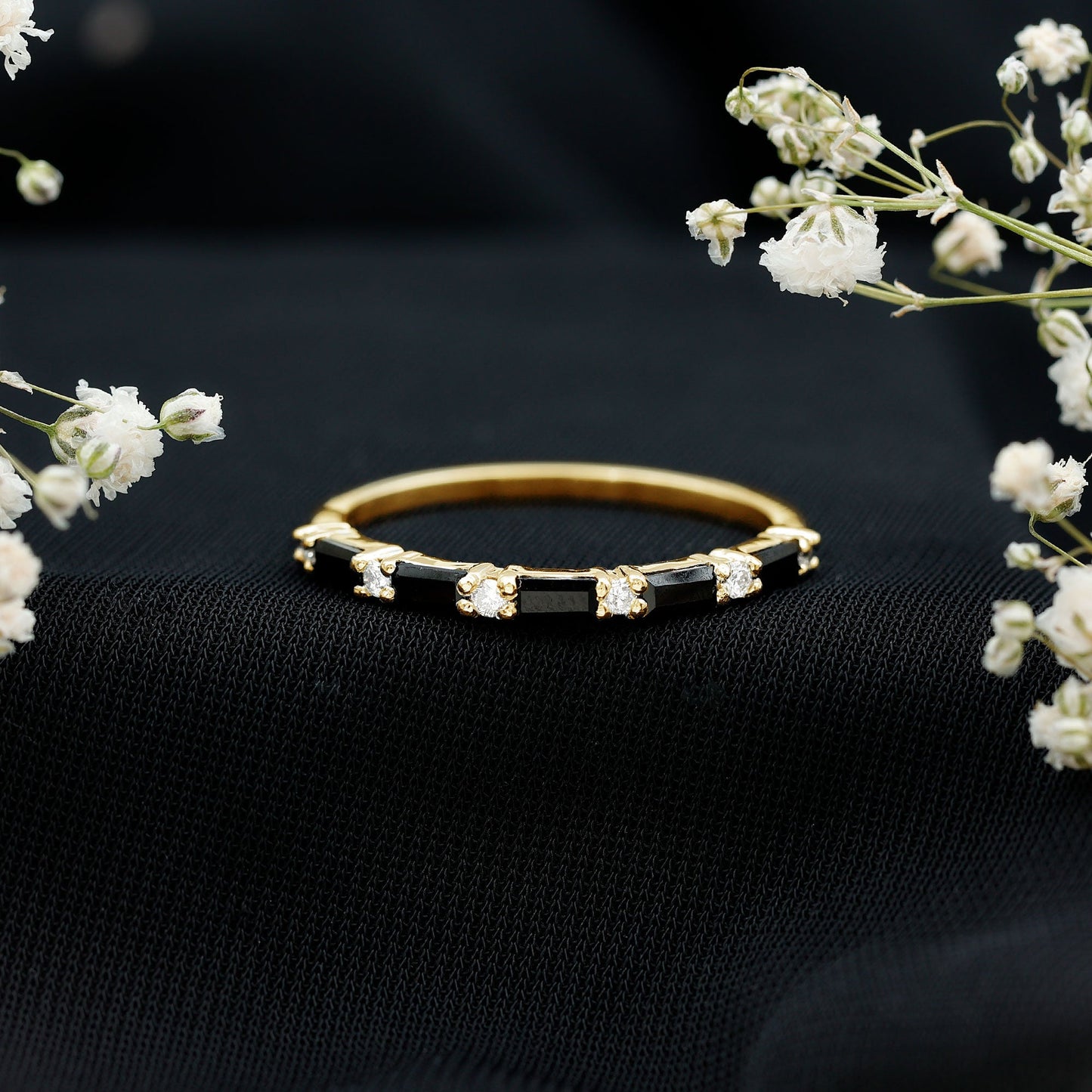 Certified Baguette Lab Grown Black and White Diamond Half Eternity Ring