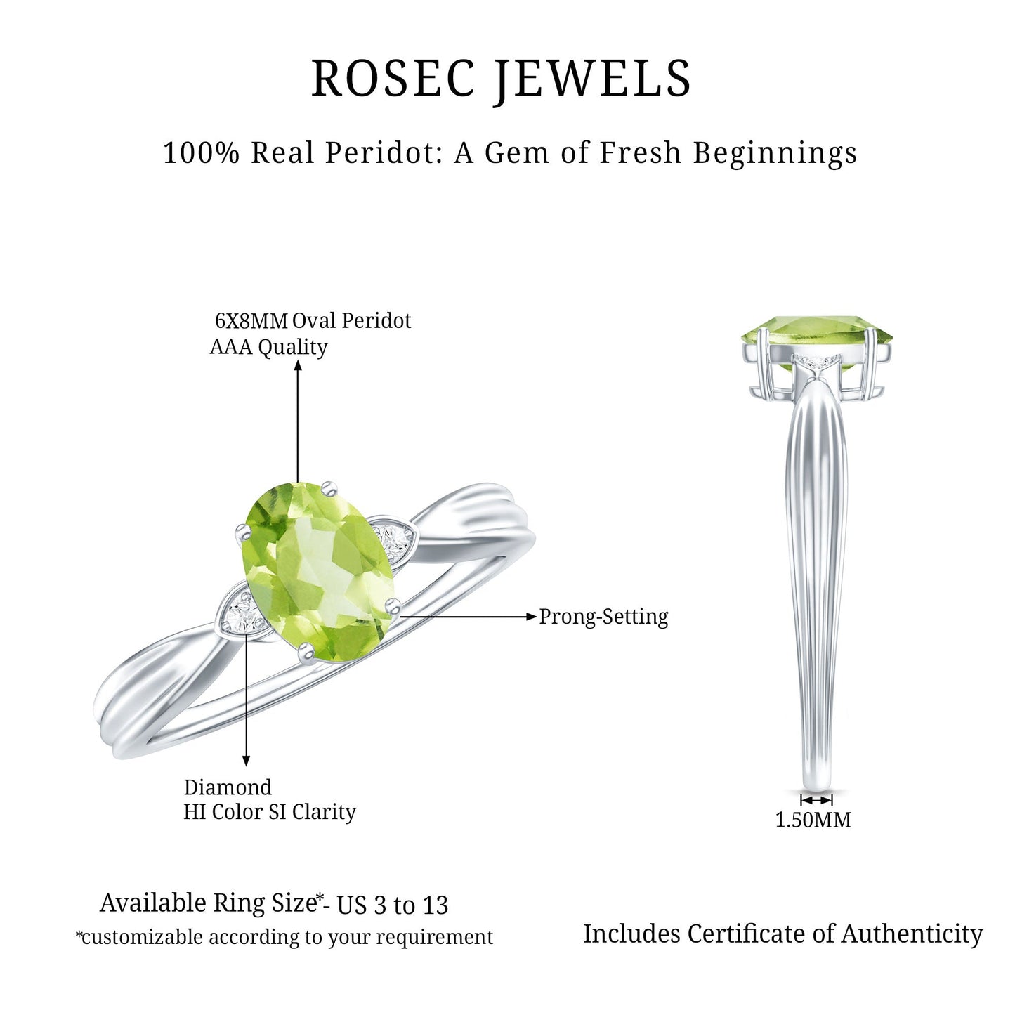 Natural 1 Carat Peridot Oval Engagement Ring with Diamond