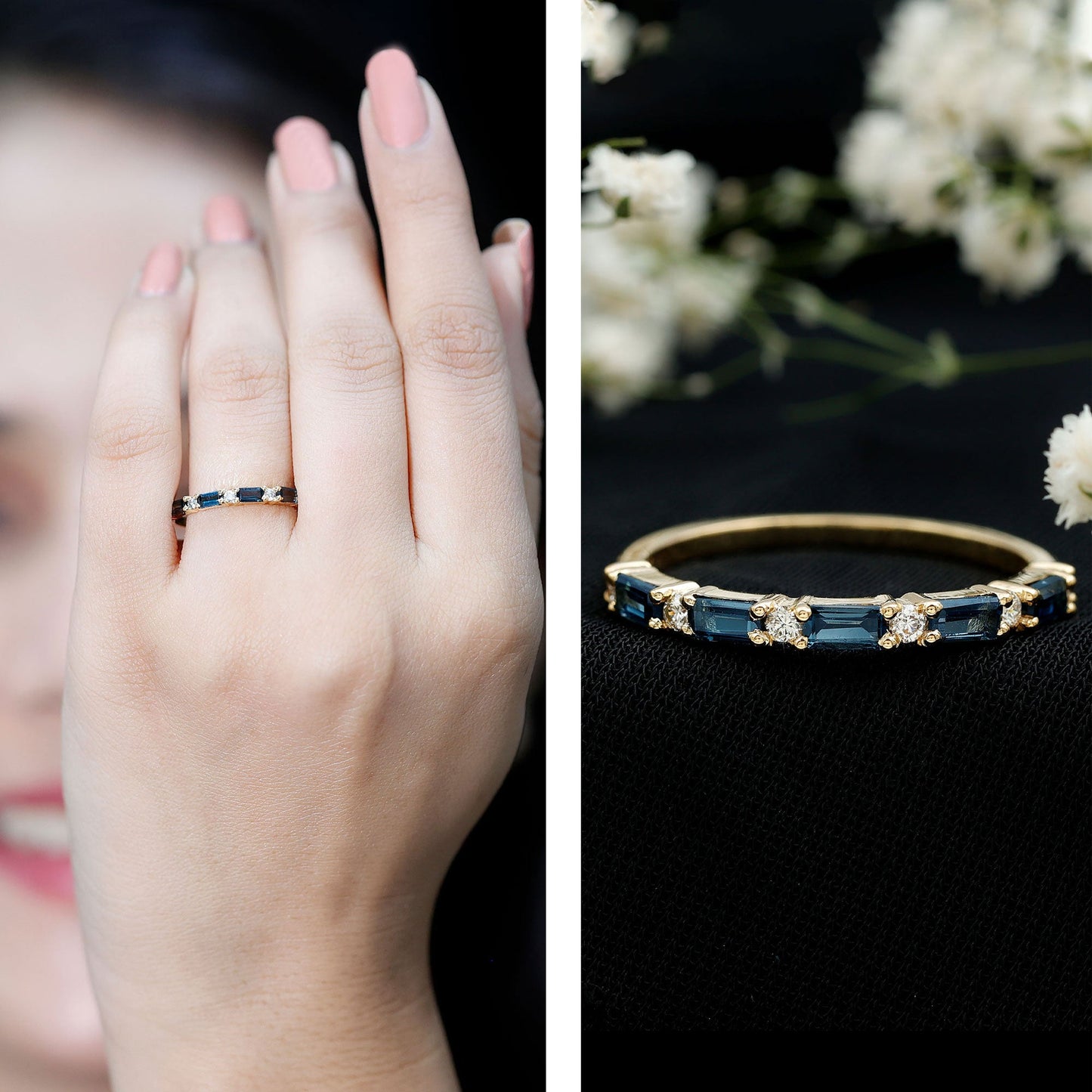 Baguette London Blue Topaz and Diamond Stackable Band Ring