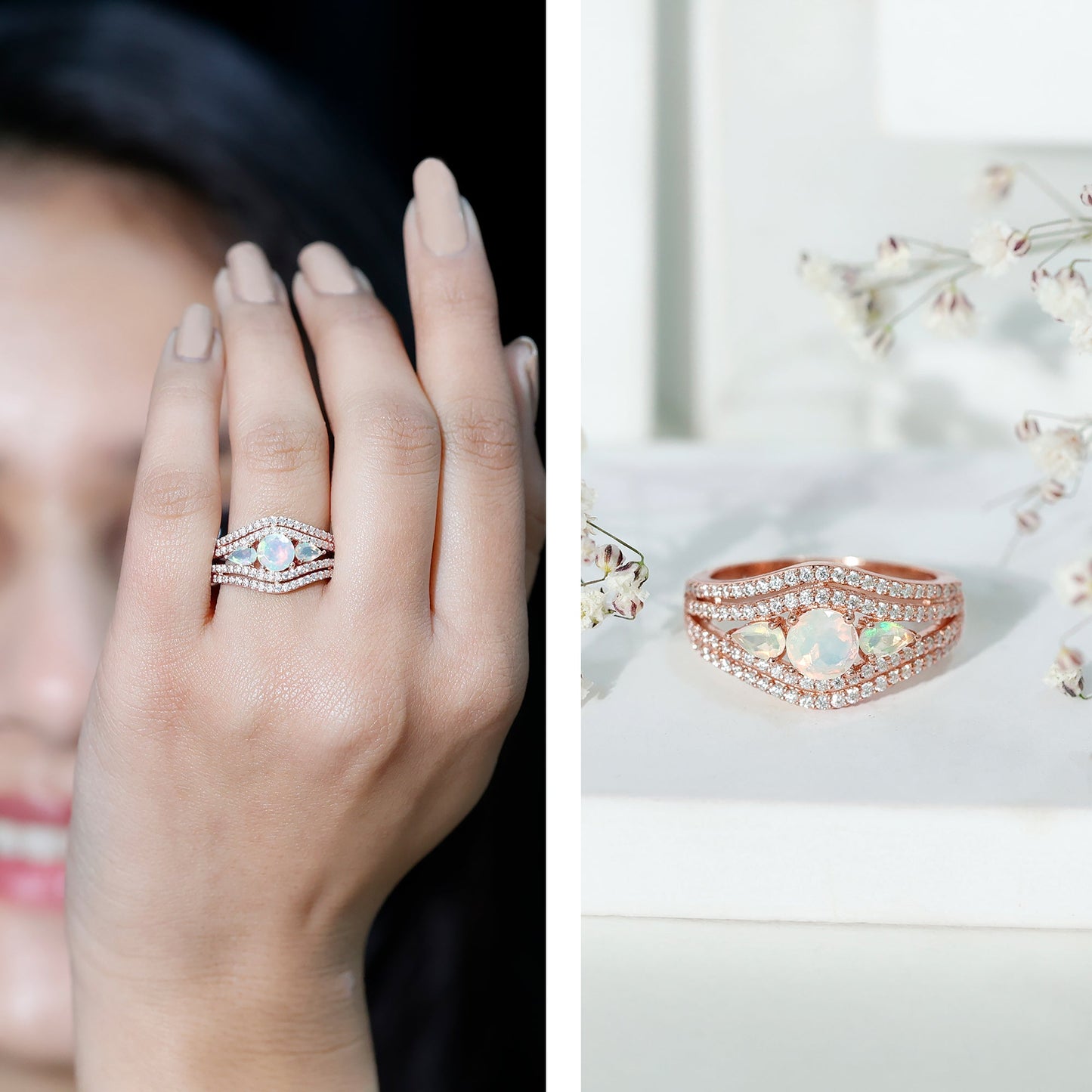 Real Ethiopian Opal 3 Stone Engagement Ring with Moissanite