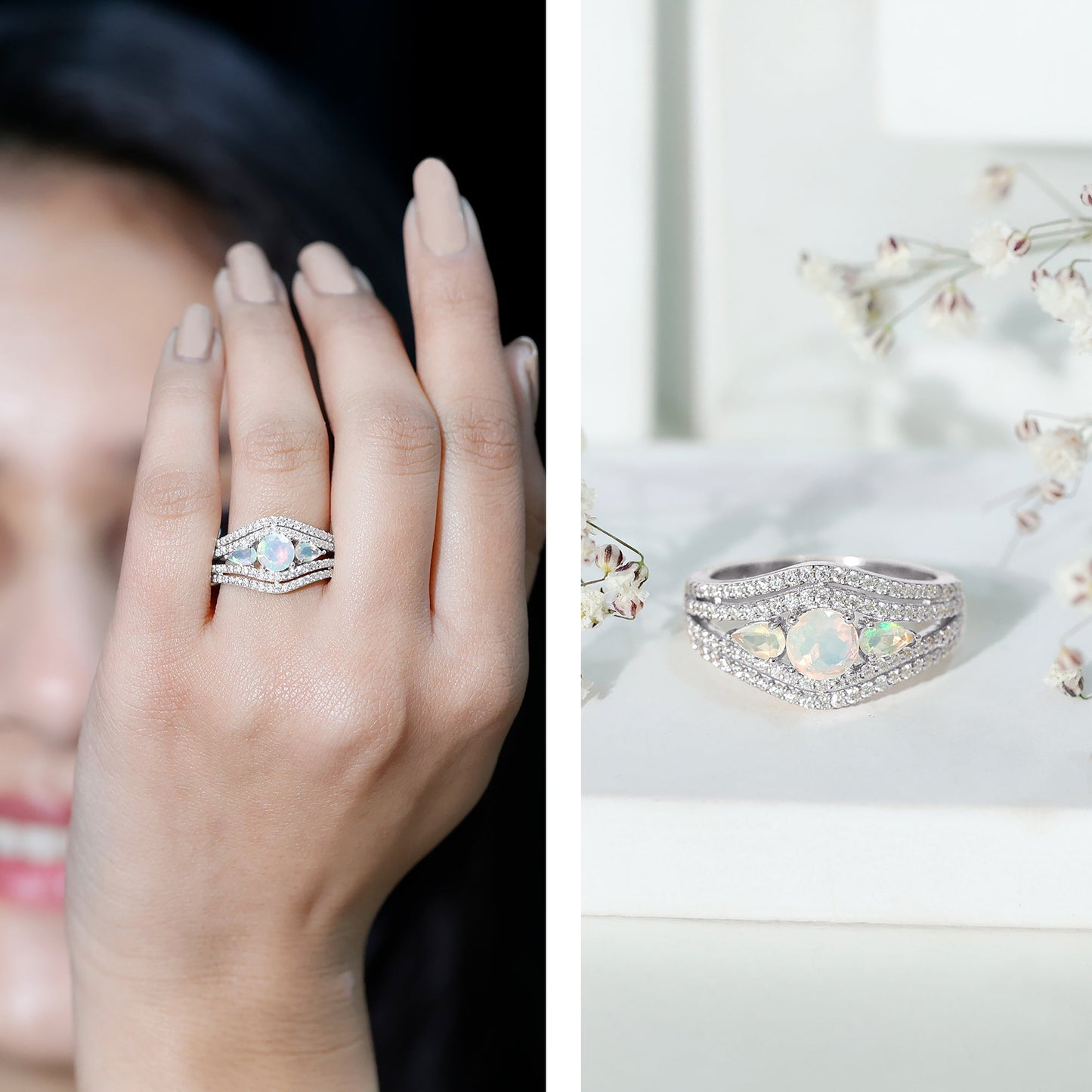 Real Ethiopian Opal 3 Stone Engagement Ring with Moissanite