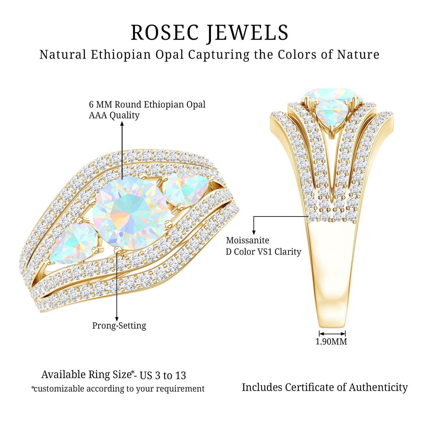 Real Ethiopian Opal 3 Stone Engagement Ring with Moissanite