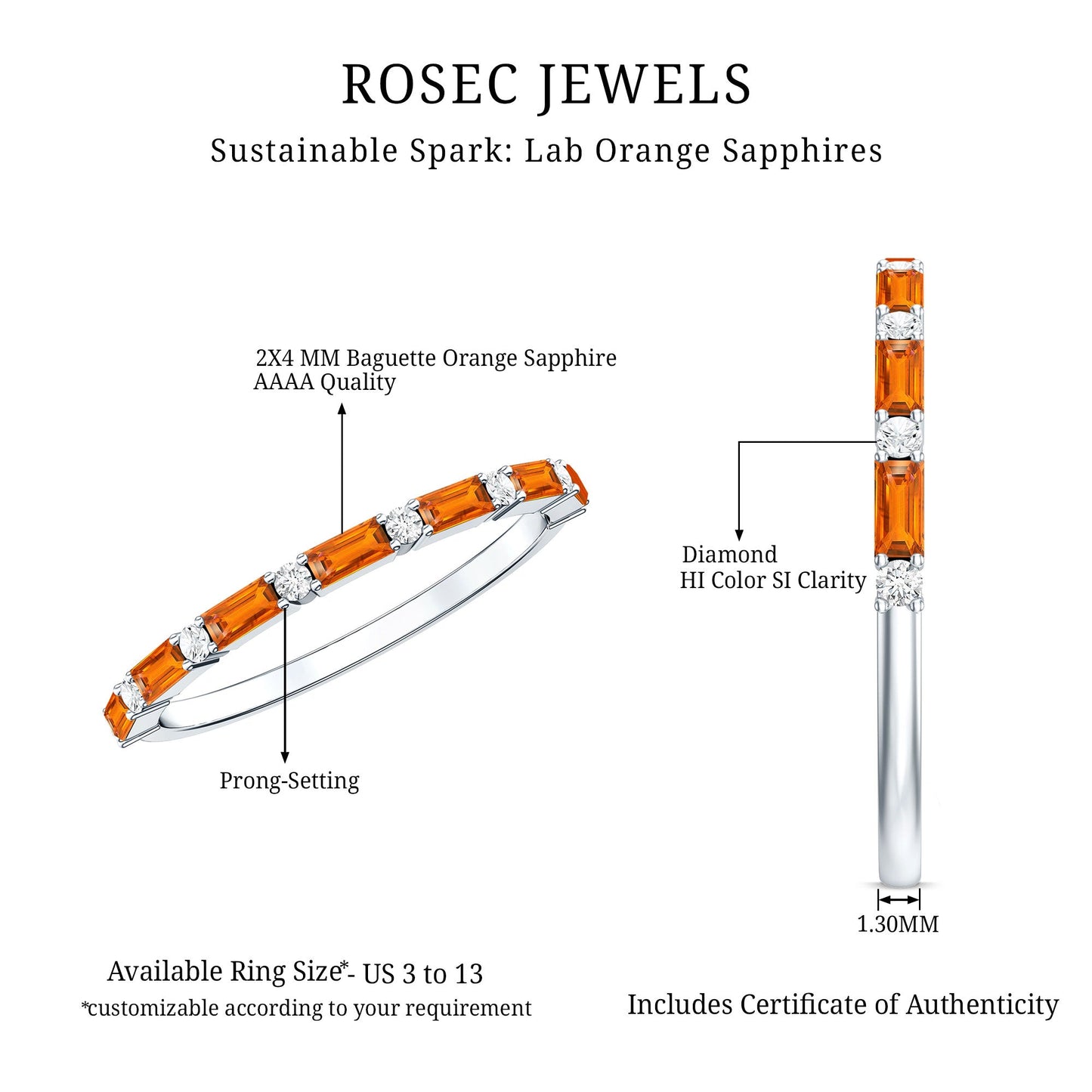 Lab Grown Orange Sapphire and Diamond Half Eternity Stackable Ring