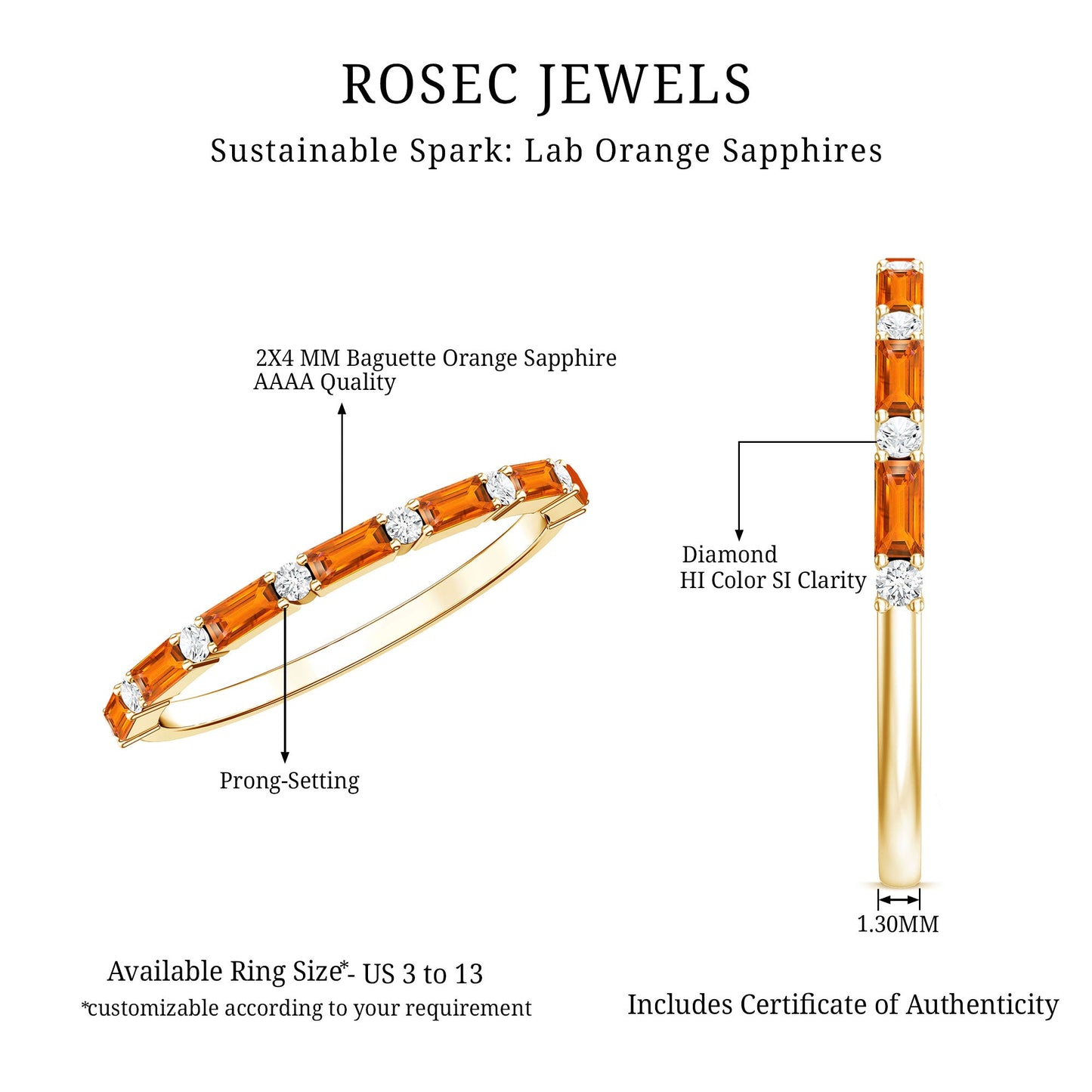 Lab Grown Orange Sapphire and Diamond Half Eternity Stackable Ring
