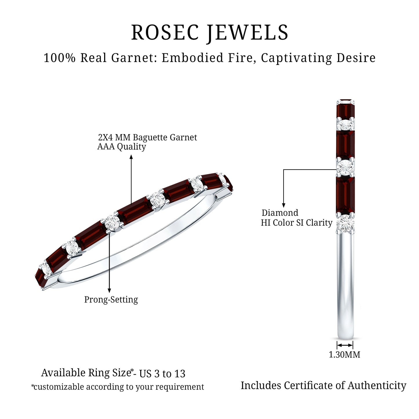 Natural Baguette Garnet Diamond Half Eternity Band With Certificate
