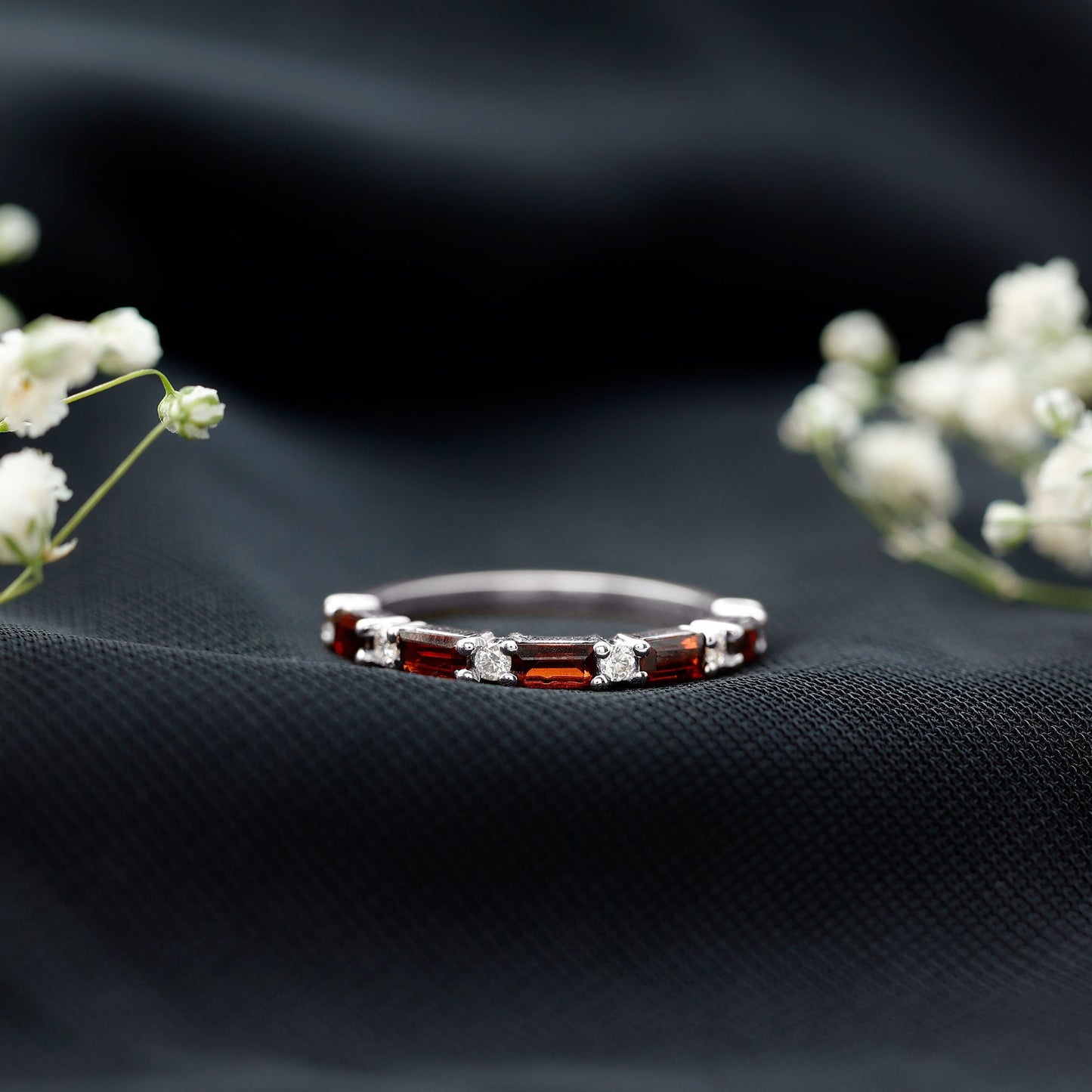 Natural Baguette Garnet Diamond Half Eternity Band With Certificate