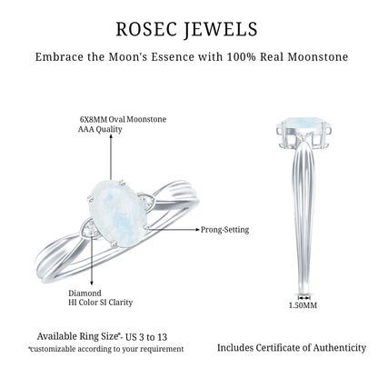 0.6 Carat Oval Cut Moonstone Solitaire Ring with Diamond