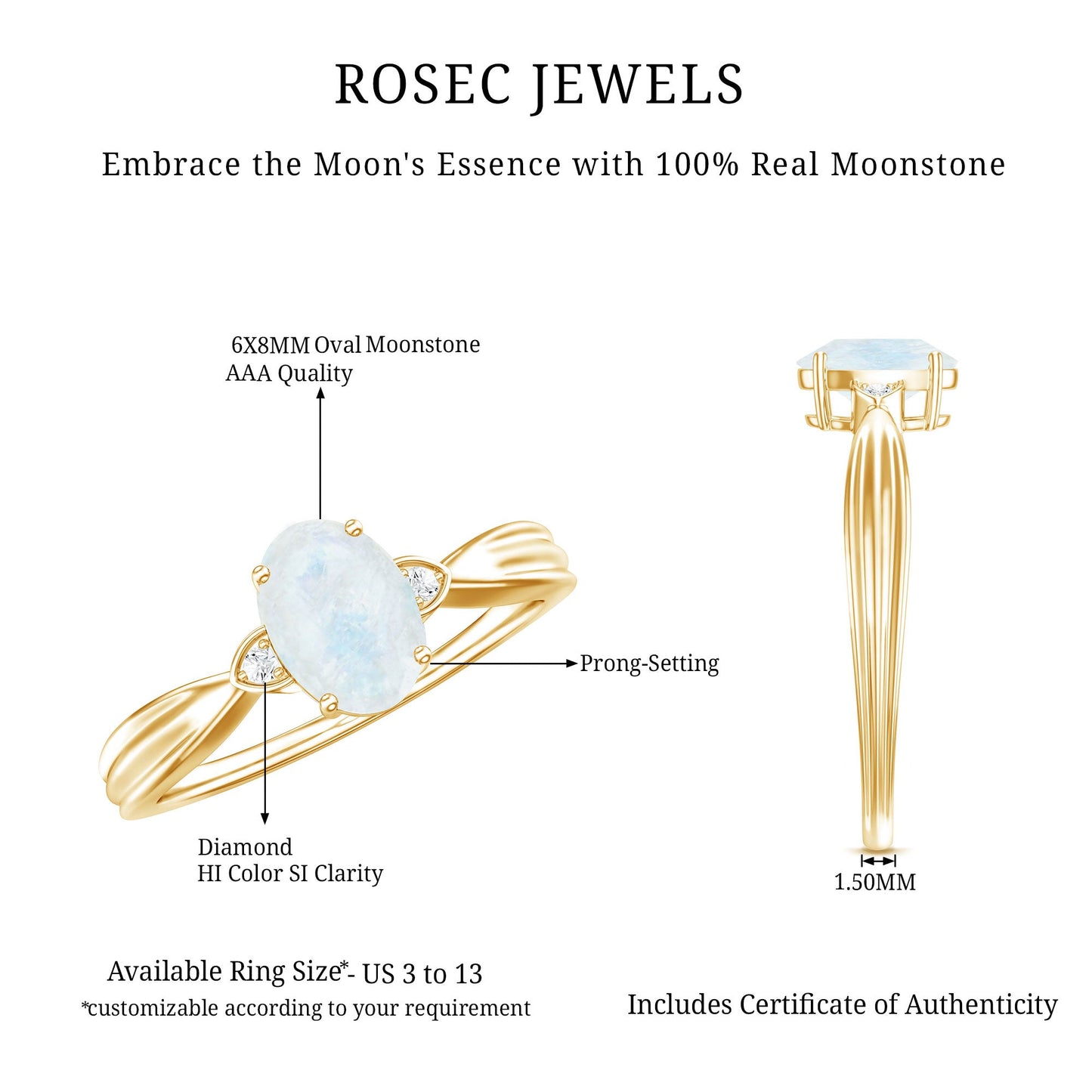 0.6 Carat Oval Cut Moonstone Solitaire Ring with Diamond
