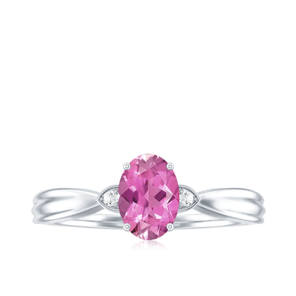 Oval Shape Pink Tourmaline Solitaire Ring with Diamond