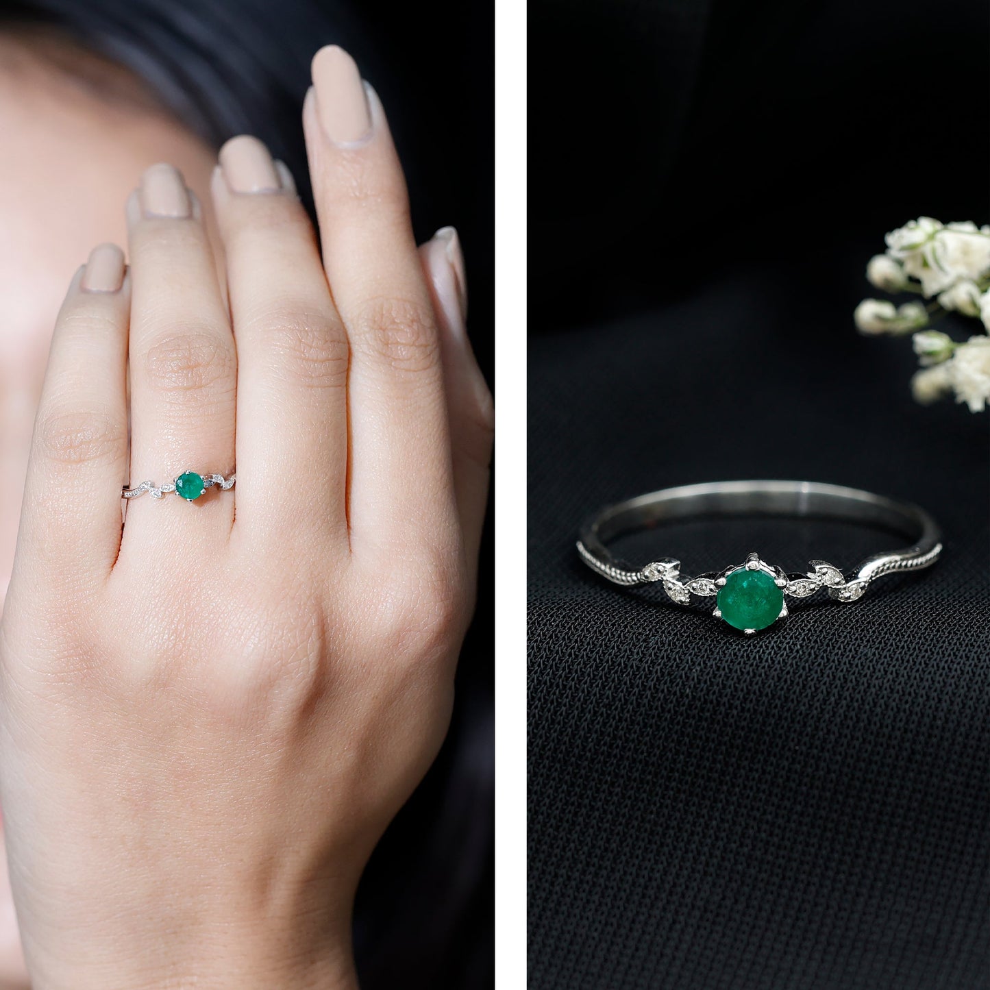 Nature Inspired Emerald Promise Ring with Diamond