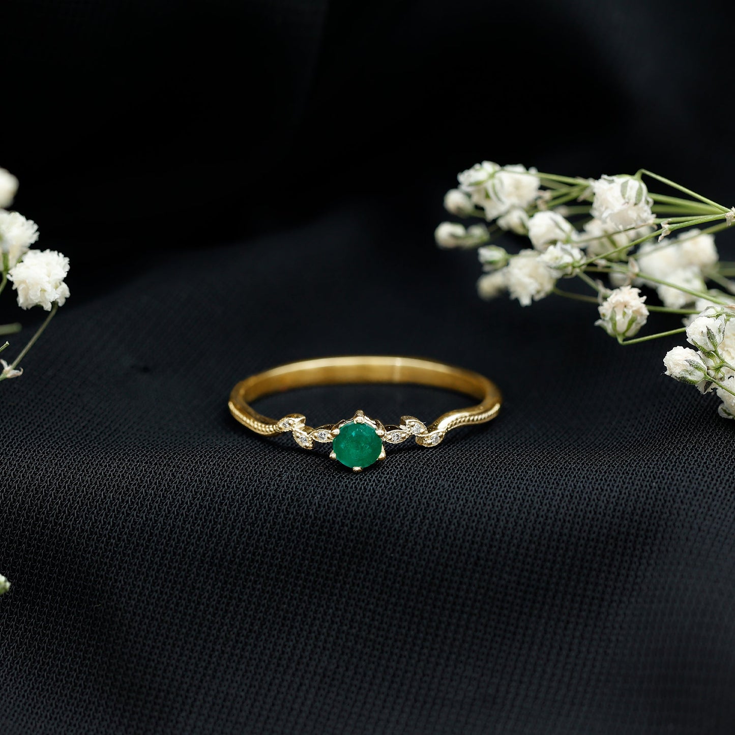 Nature Inspired Emerald Promise Ring with Diamond